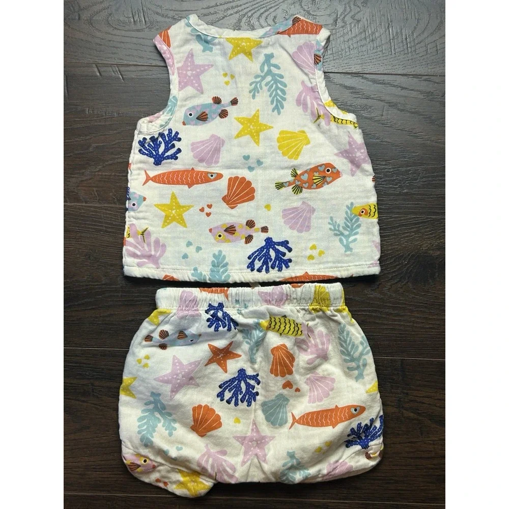 Old Navy Baby Double Weave Tank Top And Short Set Sz 6-12 Months  Fish Seashells